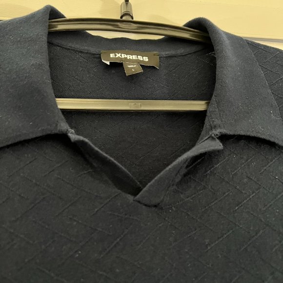 Express Zig Zag Cotton Short Sleeve Notch Polo Sweater (Large, Blue) - Picture 3 of 5